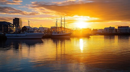Naklejka premium Sunset over Reykjavik harbor, with boats docked and the city skyline silhouetted against the golden sky. No people included.