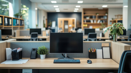 Naklejka premium modern and organized office cubicle with computer setup, plants, and stationery
