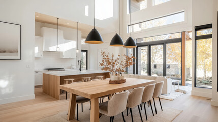 A modern kitchen and dining area featuring large wooden table, stylish chairs, and elegant pendant lights. space is bright with large windows showcasing autumn foliage, creating warm and inviting atmo