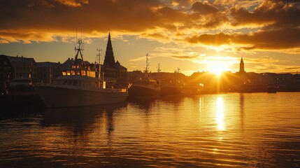 Sunset over Reykjavik harbor, with boats docked and the city skyline silhouetted against the golden sky. No people included.