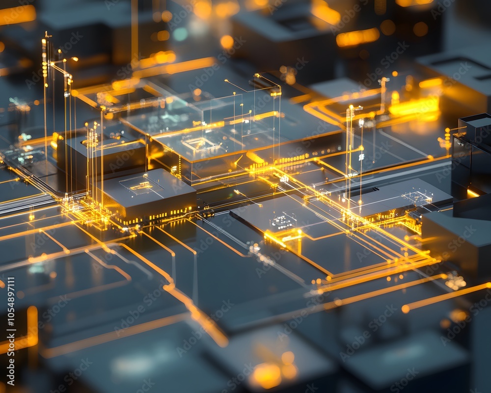 Poster abstract technology background with glowing circuits and microchips, representing digital innovation