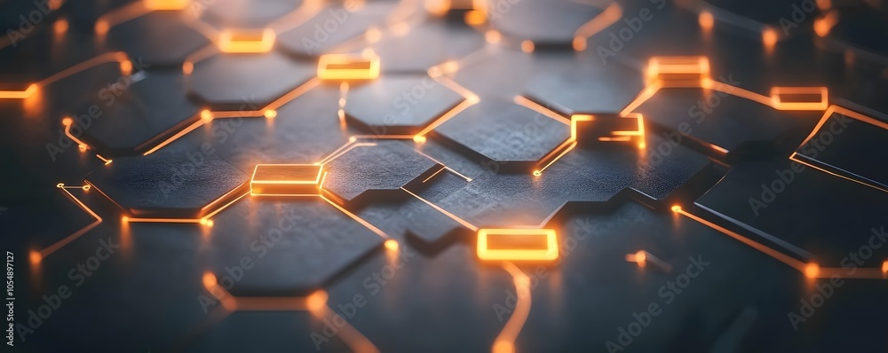 Poster abstract technology background with glowing hexagonal patterns and metallic surface, ideal for digit