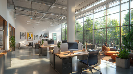 Modern open plan office with natural light and greenery