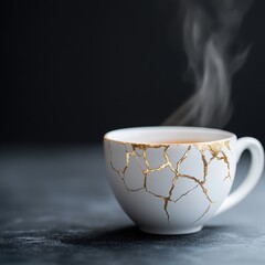 Cracked Teacup with Rising Steam