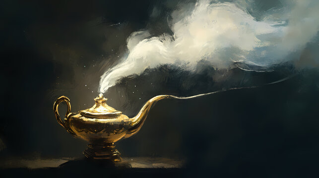 Soft light emanates from a vintage aladdin-style lamp, as swirling white smoke dances in the dark, inviting magical genie dreams and wishful thinking. Djinn in a Lamp. Illustration