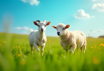 Obraz premium sheep and goat is a greeting sunset Eid al adha mubarak festival islamic background. ground mosque the sunset Muslim animal Sacrifice for Eid al adha .