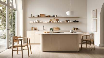 A modern kitchen featuring minimalist design with light wood cabinetry, open shelving, and spacious island. serene atmosphere is enhanced by natural light streaming in through large windows