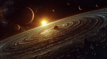 A stunning cosmic scene with planets and a radiant sun.