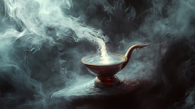 Soft light emanates from a vintage aladdin-style lamp, as swirling white smoke dances in the dark, inviting magical genie dreams and wishful thinking. Djinn in a Lamp. Illustration