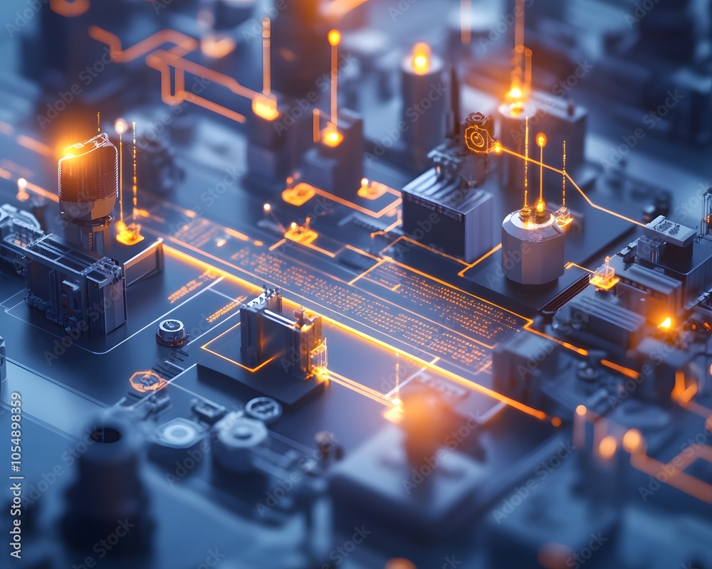 Poster close-up view of a digital circuit board with glowing components and intricate patterns, symbolizing