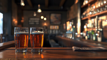 Two beers in matching pint glasses in a bar setting