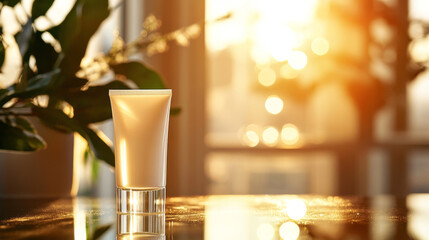 Naklejka premium A skincare product is elegantly displayed on reflective surface, illuminated by warm sunlight filtering through window. serene atmosphere evokes sense of calm and beauty