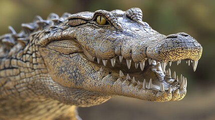 Obraz premium Close Up of Crocodile Jaw with Sharp Teeth and Yellow Eye