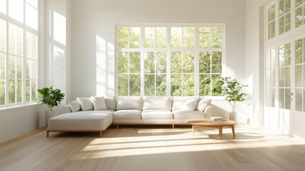 Fototapeta premium A bright and airy living room featuring modern white sofa, large windows allowing natural light, and indoor plants that enhance serene atmosphere