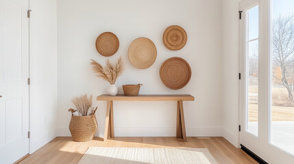 A serene entryway featuring wooden console table adorned with decorative woven baskets and wall art. natural elements create warm and inviting atmosphere