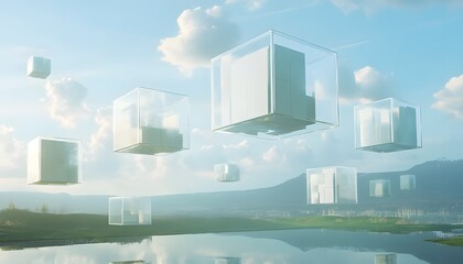 Naklejka premium Floating glass cubes above a serene landscape, reflecting clouds and greenery, symbolizing innovation and surrealism in nature.