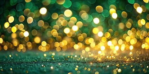 Elegant Gold Bokeh Lights on Defocused Emerald Green Background for Luxurious Food Photography Banner or Backdrop