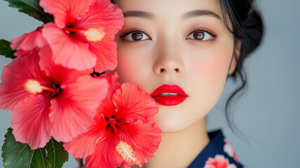 Naklejka premium ハイビスカスと着物姿の女性