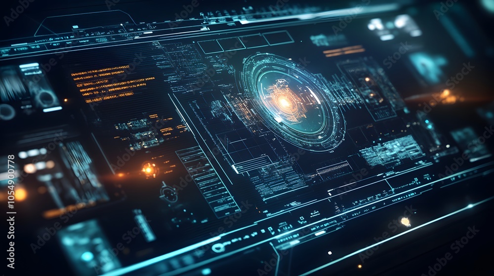 Poster futuristic digital interface with glowing elements and data visualization for technology and sci-fi 