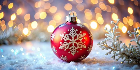 Elegant Red Christmas Ornament with Silver Snowflakes on Bokeh Background for Holiday Decor, Festive Atmosphere, and Seasonal Celebrations