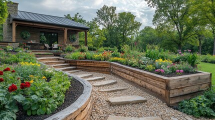 Obraz premium Beautiful garden pathway leading to a cozy home with vibrant flowers.