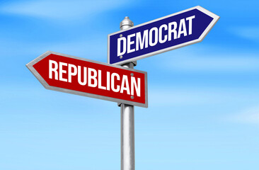 Obraz premium Democrat Vs Republican on Signboard 3d rendered with sky in the backdrop. Presidential election USA concept background