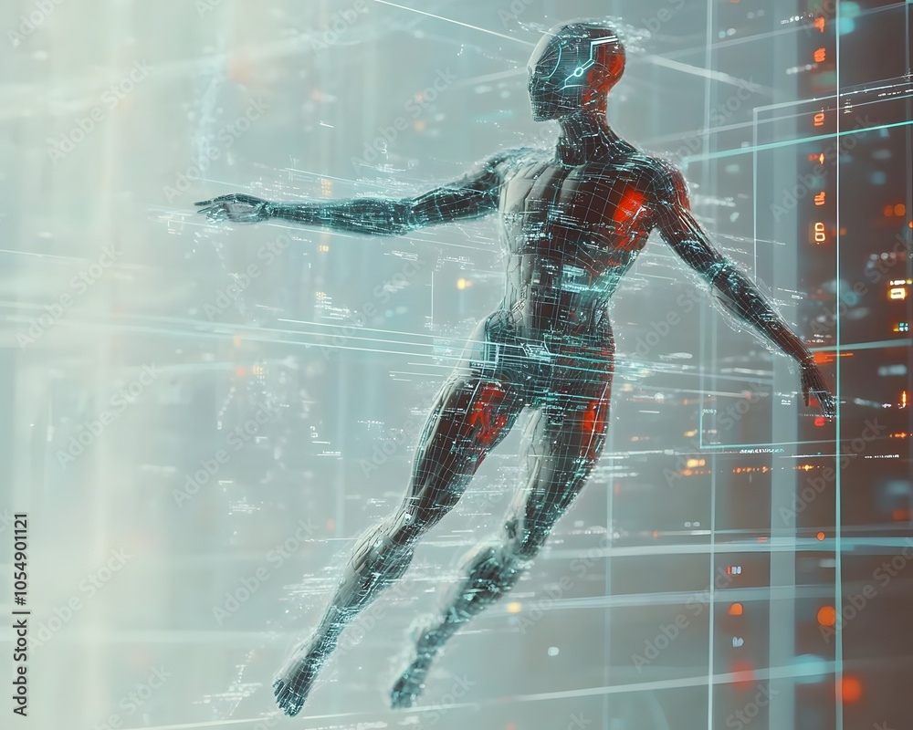 Poster futuristic humanoid robot model with digital interface, exploring advanced technology in a cyberneti