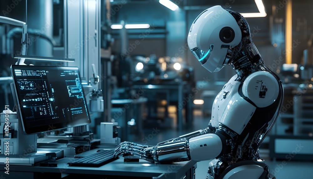 Poster futuristic humanoid robot working on a computer in a high-tech lab, showcasing advanced technology a