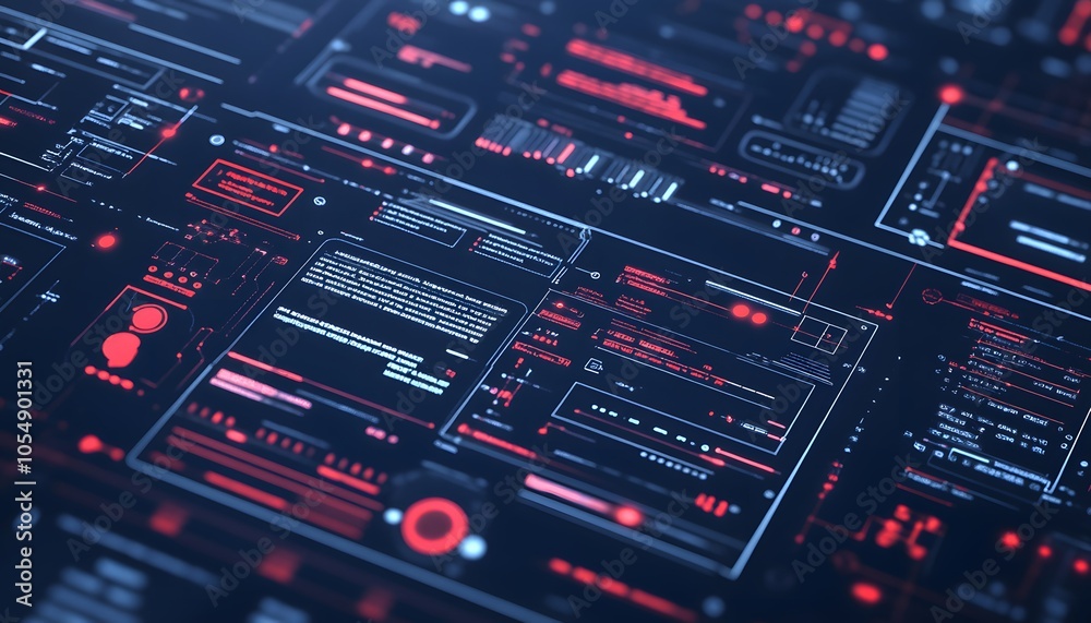 Poster futuristic interface design featuring glowing elements and data displays, ideal for technology and s