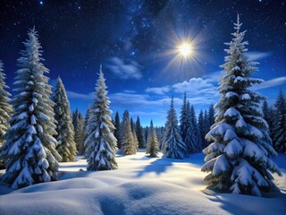 Enchanted Snowy Winter Landscape with Evergreen Trees Under Starry Night Sky