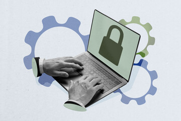Composite photo collage of hacker hands type blocked password lock laptop protection script...