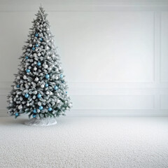 snowy Christmas tree with blue ornaments stands in white room. tree is decorated with snow, and it...