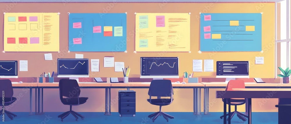 Poster modern workspace with charts and notes, featuring computers and ergonomic chairs for productivity an