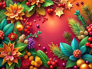 Festive Holiday Background with Colorful Botanical Elements for Seasonal Greetings and Invitations