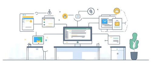 Modern workspace illustration featuring computer, documents, and digital communication tools for remote work environments.