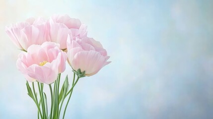 Fototapeta premium Vibrant pink tulips in bloom against a serene blue backdrop, captivating floral display
