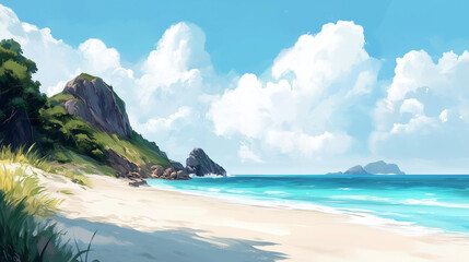 Fototapeta premium Serene Beach Landscape with Clear Blue Sea and Sky