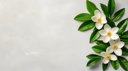Fototapeta premium Closeup of a single white flower with lush green leaves on serene gray background