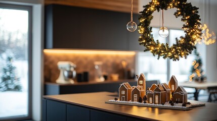 A modern kitchen decorated with gingerbread houses, sleek countertops, and a festive wreath chandelier of copper wire and LEDs.
