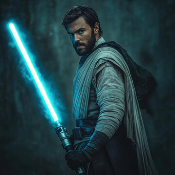 determined Jedi Knight stands with blue lightsaber, ready to defend galaxy