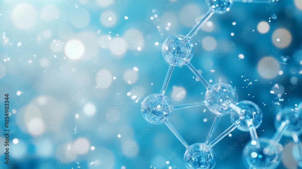 Poster a close-up view of interconnected glass-like molecules in a blue background, evoking a sense of scie