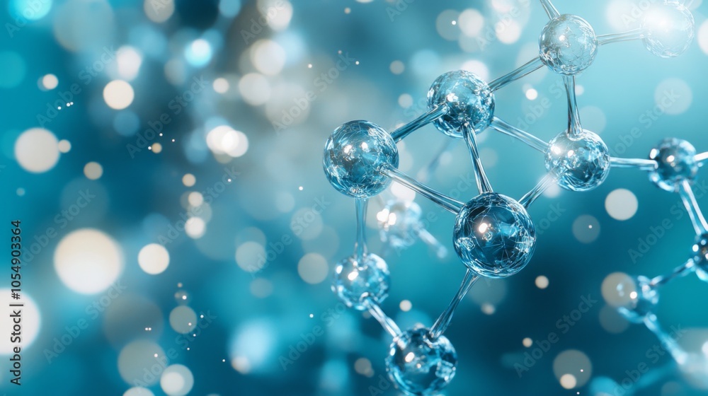 Poster a close-up view of molecular structures on a vibrant blue background, showcasing scientific and tech