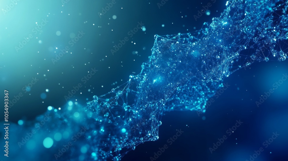 Poster A dynamic visualization of interconnected particles illuminated in a gradient of blue, creating a futuristic abstract design.