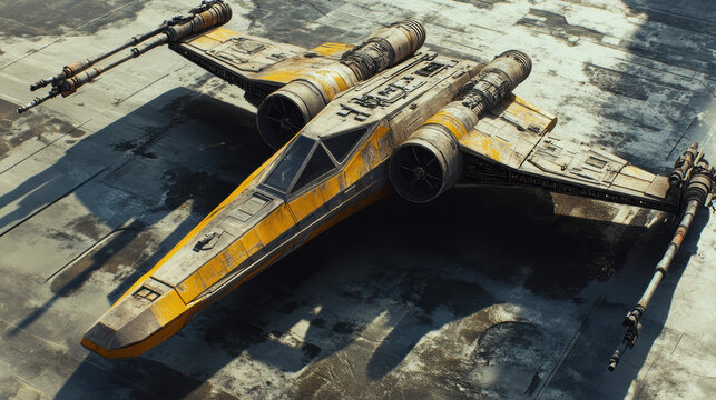 sleek yellow and black X Wing fighter, symbol of rebellion and hope