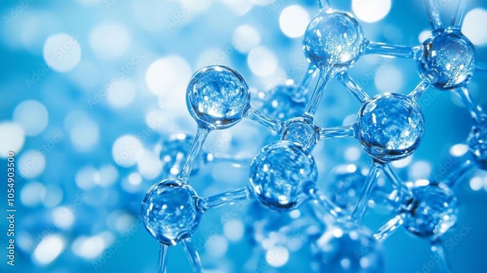 Poster A close-up view of molecular structures with a soft blue background, showcasing interconnected spheres and a luminous effect.