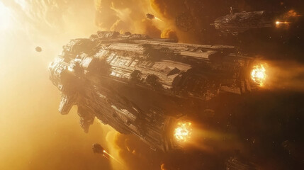 large spaceship flies through nebula, leaving trail of fire and smoke