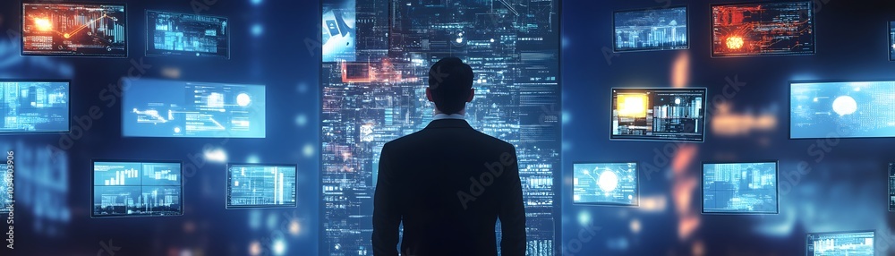 Poster a business professional observing data analysis on multiple screens in a modern tech environment.