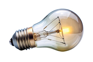 A lit lightbulb with a soft, warm glow, showcasing a traditional filament inside clear glass, emanating an inviting, nostalgic light, set against a transparent background