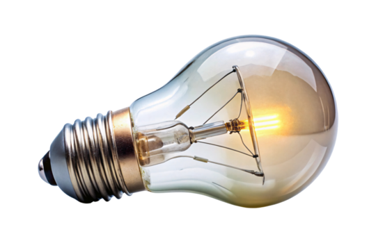 A lit lightbulb with a soft, warm glow, showcasing a traditional filament inside clear glass, emanating an inviting, nostalgic light, set against a transparent background