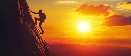 A climber scaling a rock face against a beautiful sunset, embodying adventure, determination, and the thrill of exploration.